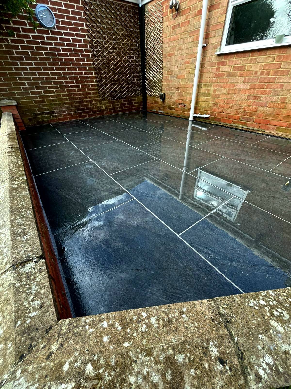 Old Costessey anthracite porcelain patio with ACO drainage
